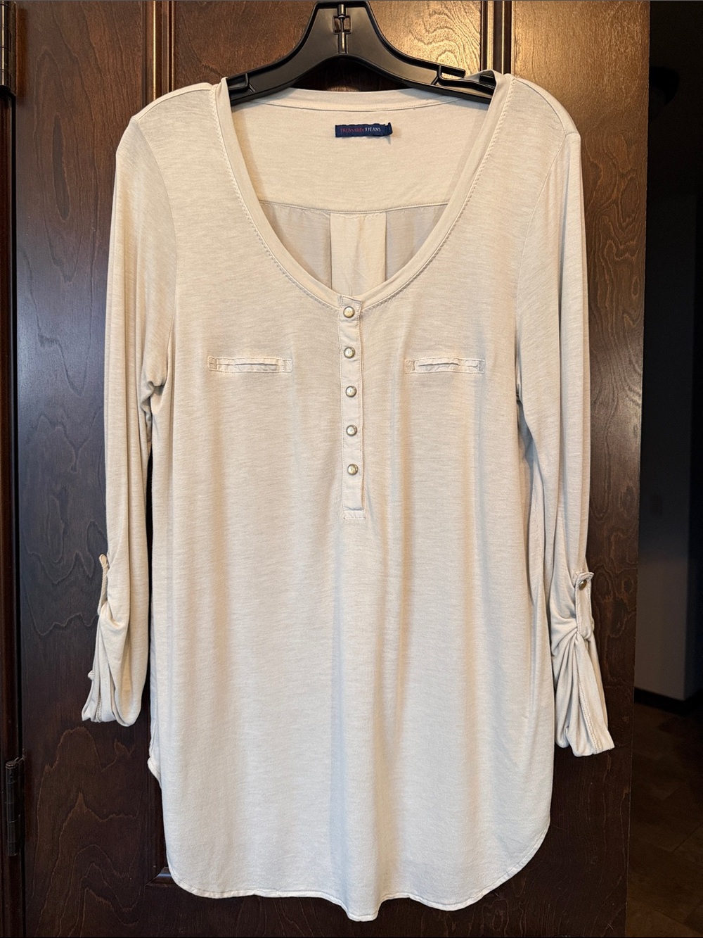 Trussardi Jeans Silk Blend Cream Tunic Top Long Sleeve Ruched Sleeve Detail